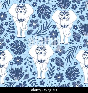 Modèle transparent avec des éléphants et des fleurs tropicales et des feuilles sur fond bleu Illustration de Vecteur