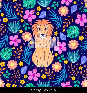 Modèle transparent avec des fleurs tropicales et lion sur fond bleu foncé Illustration de Vecteur