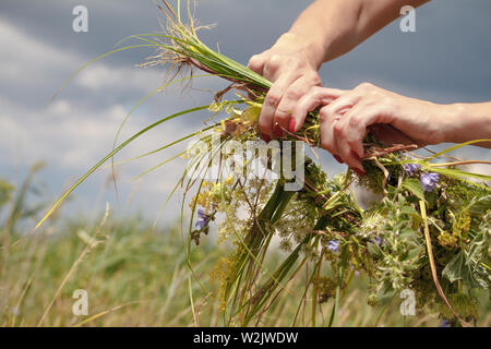 Mains de femme l'élaboration de la guirlande de fleurs sur fond bleu ciel nuageux, tête floral couronne dans la nature Banque D'Images