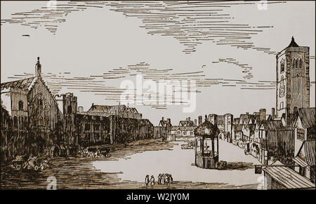 New Palace Yard, Westminster, Londres, Angleterre en 1647 à partir de la porte d'eau sur la Tamise, à l'ouest. Le roi Henry VI's fountain est seul sur la droite de la photo. Il a été utilisé pour les grandes occasions et pourraient être faits pour distribuer le vin. Banque D'Images