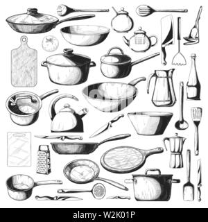 Croquis réalistes de la vaisselle. Grand ensemble de plats. Vector Illustration de Vecteur