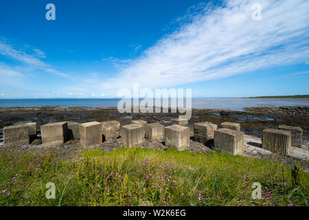 Avis de Deuxième Guerre mondiale blocs anti-char sur le rivage à Gosford Sands à Longiddry dans East Lothian, Scotland, UK Banque D'Images