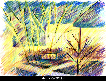 Abstract cityscape avec crayons de couleur. Diagonale multicolore des accidents vasculaires cérébraux. Arbres, maison et sentier. Concept d'automne et de printemps. Esquisse pour la couverture de th Banque D'Images