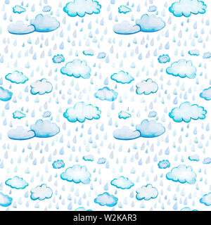 Modèle transparent avec les nuages et la pluie. aquarelle Blanc-bleu cartoon nuages sur un fond blanc. Des formes arrondies moelleux doux avec la texture de wate Banque D'Images