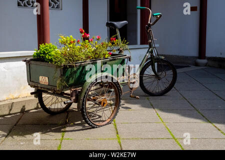 Tricycle antique avec un grand panier plein de plantes et fleurs à Dr. Sun Yat-Sen Classical Chinese Garden dans Chinatown Vancouver BC Canada Banque D'Images