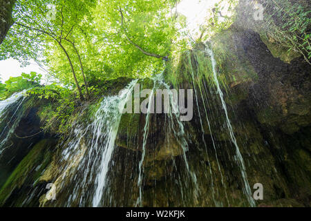 Vue en contre-jour de l'eau douce pure se précipiter un rocher dans la forêt du parc national des Lacs de Plitvice en Croatie Banque D'Images