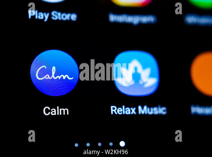 Icône de l'application calme sur le smartphone. Macro photo. App qui contribue à soulager l'anxiété et le stress. Banque D'Images