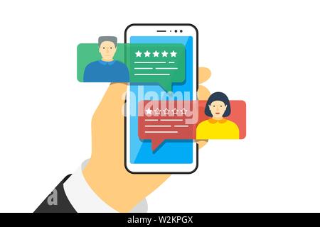 Main tenant un smartphone avec des discours et des avatars à l'écran pour l'application de commentaires. Je critique cinq étoiles avec un bon et un mauvais prix. Illustration de la quasité vectorielle Illustration de Vecteur