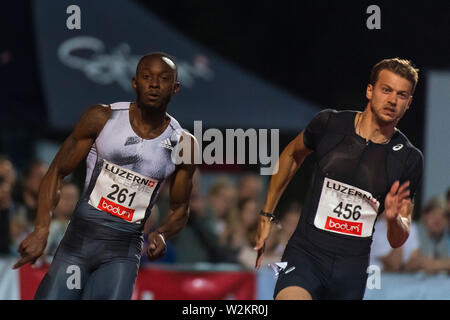 9 juillet 2019 ; Stadion Allmend, Lucerne, Suisse ; EA Sports Spitzen Leichtathletik Premium réunion ; Kyle Greaux de Trinité-et-Tobago et Christophe Lemaitre en action au cours de la mens 200m Banque D'Images