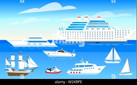 Les navires de mer arrière-plan. Ensemble de voiliers et bateaux sur l'eau bleue. Les marins Transport voyage. L'affiche de l'été ou une bannière pour un site web Illustration de Vecteur