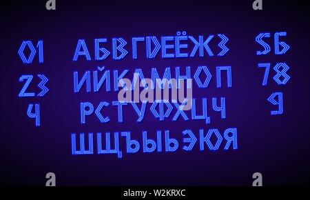 80 s néon bleu retro font et des chiffres. Chrome futuriste lettres russes. Alphabet Cyrillique lumineux sur fond sombre. Symboles de lumière pour voir dans la nuit Illustration de Vecteur