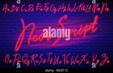 80 s blue purple retro font. Script futuriste, chrome lettres. Alphabet clair sur fond sombre. Symboles de la lumière de nuit show en club. Espace galaxie Illustration de Vecteur