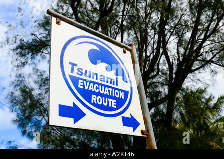 Signe indiquant une route d'évacuation tsunami sur Rarotonga, îles Cook, Polynésie Française Banque D'Images