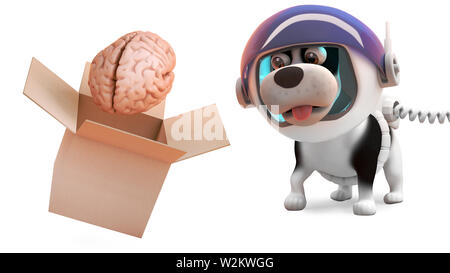 Chiot mignon chien dans montres spacesuit cerveau de sortir de la boîte, l'illustration 3D render Banque D'Images