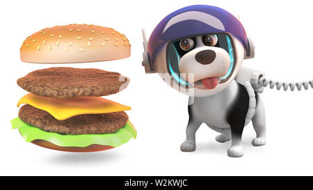 Hungry puppy dog en montres spacesuit Burger fromage assembler lui-même, l'illustration 3D render Banque D'Images