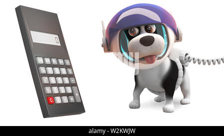 Silly puppy dog en scaphandre spatial géant trouve calculatrice, illustration 3D render Banque D'Images