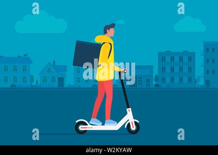 Livraison jeune homme de messagerie équitation scooter électrique avec boîte de produit d'emballage. Concept de service d'expédition rapide sur la rue de la ville. Illustration vectorielle active hipster adulte millénaire sur paysage urbain Illustration de Vecteur