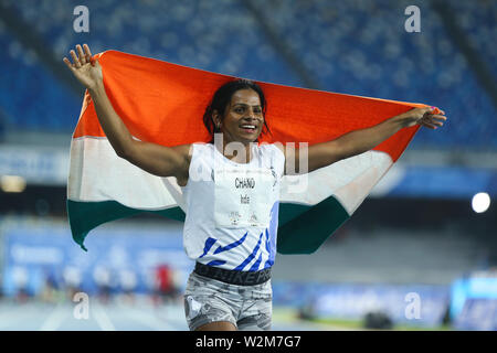 Naples, Italie. 09 juillet 2019. Chand Dutee de l'Inde célèbre sa victoire après la finale du 100 m femmes lors de la 30e Universiade d'été à Naples, Italie, le 9 juillet 2019. Credit : Zheng Huansong/Xinhua/Alamy Live News Banque D'Images