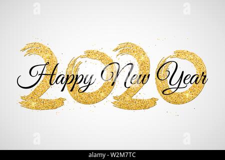 Bonne année 2020. Nombre de paillettes d'or noir avec la calligraphie. Grunge brush. Confettis d'or. Vector illustration. EPS 10 Illustration de Vecteur