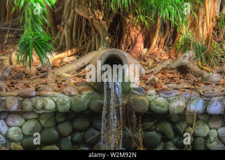 Cette photo montre une belle fontaine à un étang au milieu d'une petite île des Maldives Banque D'Images