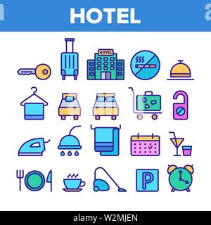 Hébergement à l'hôtel, Équipements linéaire Vector Icons Set Illustration de Vecteur