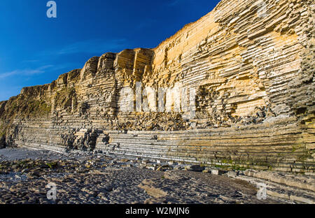 Le Lias falaises calcaires à Nash Point sur une soirée d'été, la côte du Glamorgan Banque D'Images