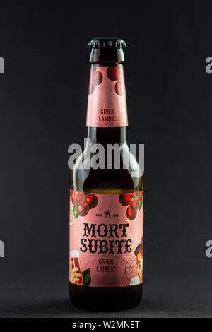 Budapest, Hongrie - Juillet 09, 2019 : bouteille de Lambic Belge Mort Subite Kriek bière cerise studio photo isolé sur fond noir Banque D'Images