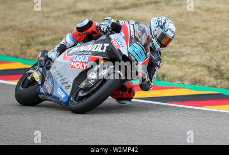 07 juillet 2019, Saxe, Hohenstein-Ernstthal : Motorsport / moto, Grand Prix d'Allemagne, Moto2 au Sachsenring : Le cavalier Marcel Schrötter (Allemagne, Dynavolt Intact GP) des unités de la troisième place. Photo : Jan Woitas/dpa-Zentralbild/dpa Banque D'Images