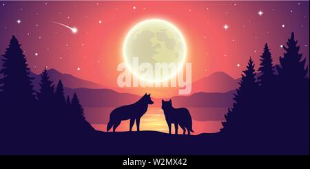 Deux loups par le lac purple mountain paysage avec la pleine lune et ciel étoilé vector illustration EPS10 Illustration de Vecteur