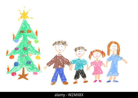 Famille heureuse avec l'arbre de Noël décoré. Dessin d'enfant fait avec des crayons pastel Banque D'Images