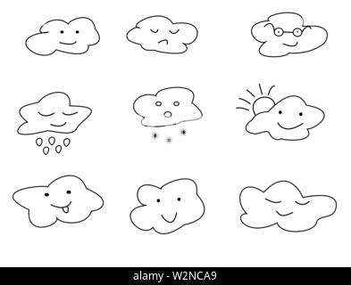 Différentes icônes smiley avec les nuages. Noir sur blanc Contour vectoriel Illustration de Vecteur