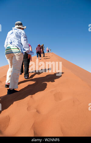 Les randonneurs de grimper une dune de sable ridge à Sossusvlei, Namib-Naukluft National Park, la Namibie. Banque D'Images
