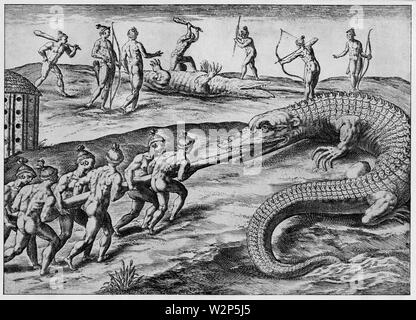 Chasse au crocodile indigène de la Floride. Après de Bry 'Brevis narratio', Francfort 1591 (, , ) Banque D'Images