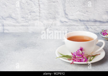 Tisane utile de l'épilobe à feuilles fermentées sur fond gris. Koporye traditionnel russe Ivan thé chai copy space Banque D'Images