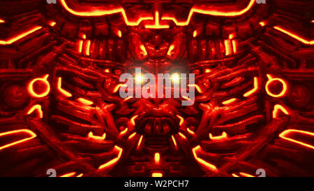Cyber mur avec bas-relief tête de robot en forme de visage. Des lignes et des motifs lumineux. Illustration en genre de l'horreur de la fiction. Fond de couleur rouge Banque D'Images
