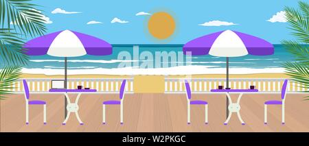 Grand café sur la terrasse près de la mer. L'été, restaurant et travel concept bannière. Vector illustration. Illustration de Vecteur