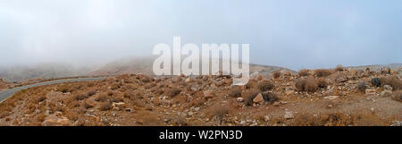 Route étroite à Wadi Bin (Ibn) Hammad (Jordanie), profondément érodé dans les rochers, est doté de façon permanente par les ressorts (chaud). Il mounds dans la mer Morte. Banque D'Images