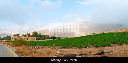 Route étroite à Wadi Bin (Ibn) Hammad (Jordanie), profondément érodé dans les rochers, est doté de façon permanente par les ressorts (chaud). Il mounds dans la mer Morte. Banque D'Images