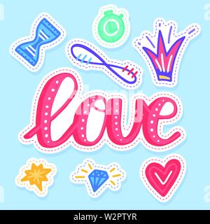 Ensemble d'autocollants amour, broches, correctifs et collection manuscrite dans un style de dessin animé. Funny greetings pour vêtements, carte, badge, carte postale, icône, bannière, tag Illustration de Vecteur