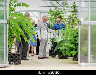 Ardingly, UK. 10 juillet, 2019. Son Altesse Royale le Prince de Galles, Patron de la Royal Botanic Gardens, Kew, a visité la banque de semences du Millénaire à Wakehurst Ardingly, West Sussex aujourd'hui. Près de vingt ans après qu'il l'ouvrit. Il a également visité certains des jardins avant de visiter le couronnement de Wakehurst pré. Photo par : Jim Holden/Alamy Live News Banque D'Images