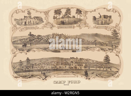 Coupe de bois de gravure le Camp Concentrationnaire Ford, Tyler, Texas. À l'origine dessiné par Corp. James S. McClain, F 120e d'infanterie, de l'Ohio, capturé le 3 mai 1864, et qui s'est tenue comme un prisonnier de guerre jusqu'au dernier échange de prisonniers le 27 mai 1865. Les inserts montrent : gauche - l'hôpital du camp situé au sud de la prison ; centre - le siège du colonel Reuben R. Brown, 35e de cavalerie du Texas, qui était commandant du camp à partir de septembre 1864 jusqu'à la fin de la guerre, et à droite - la cabine du capitaine Elias, Fraunfelter Co. F, 120e de l'Ohio, capturés sur la rivière Rouge, le 3 mai 1864, 27 mai, 1865 l'échange. Remarque Banque D'Images