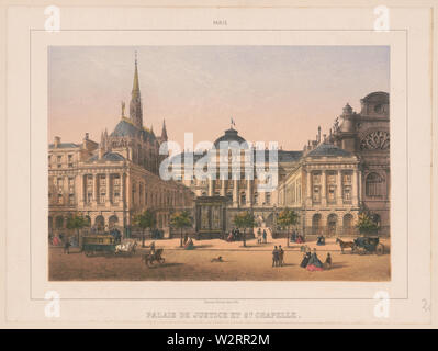 Paris. Palais de Justice et Ste. Chapelle ; impression montre une vue au niveau de la rue du Palais de justice et la Sainte-Chapelle, Paris, France, avec les piétons et les entraîneurs sur la rue au premier plan. Banque D'Images