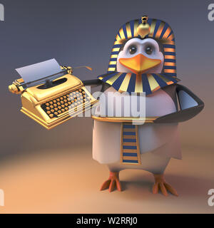 Pingouin pharaon Toutânkhamon gracieux tenant une machine à écrire d'or, l'illustration 3D render Banque D'Images