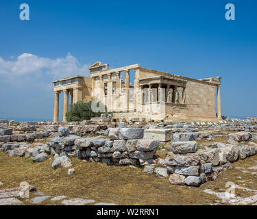 Athènes, Grèce, 9 juillet 2019 - Le sacré 'Arbre de Vie', un vieil olivier se dresse à côté du porche ouest de l'historique Temple Erectheion en Ala Banque D'Images