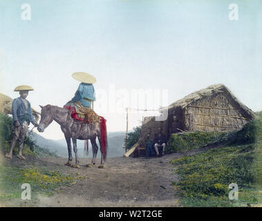 [ 1880 - Japon voyageurs japonais avec un cheval ] - UN mago (馬子, conducteur de chevaux) portant un chapeau conique sugegasa se tient juste en face de la maison de thé à Otometoge 乙女峠 (COL). Le col était situé sur la frontière de Gotemba dans la préfecture de Shizuoka et Hakone dans la préfecture de Kanagawa. À une hauteur de 1005 mètres au-dessus du niveau de la mer, il offre une vue majestueuse sur le Mont Fuji. Au cours de la période Edo (1604-1868), la route est strictement réglementée. Provisoirement attribuée à Adolfo Farsari. 19e siècle vintage albumen photo. Banque D'Images