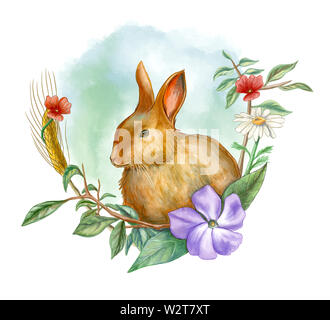 Lapin et composition florale. Illustration à l'aquarelle. Banque D'Images