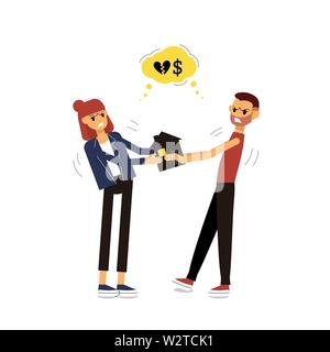 Divorce à l'homme et de la femme la lutte pour la propriété. Tirant petite maison. Isolé sur fond blanc. Télévision stock style vector illustration.. Illustration de Vecteur