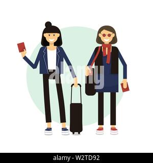 Deux touristes féminines avec les bagages et passeports standing in airport. isolé sur fond blanc. télévision stock style vector illustration. Illustration de Vecteur