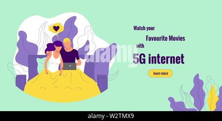 Couple se fixant sous une couverture sur un lit et regarder la vidéo sur ordinateur portable. Regardez vos films favoris avec Internet 5g texte. Isolé sur blue backgroun Illustration de Vecteur