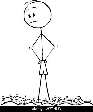 Vector cartoon stick figure dessin illustration conceptuelle de l'homme ou de l'id de l'article l'eau sale pollué plein de déchets plastiques. Illustration de Vecteur